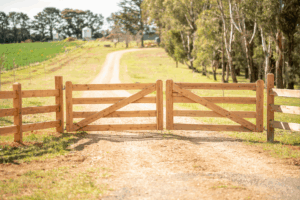 Pair Mudgee gate - with a 3 Rail configuration post and rail with 125 x 125mm posts