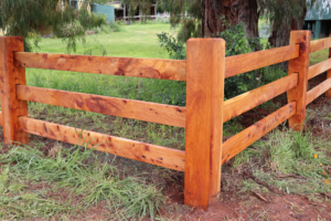 photo of timber post and rail fence (3 rails), with 200mm x 200mm posts, finished in natural linseed oil, by Saltram Rural