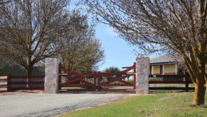 Premium Australian Ironbark - Double Highlander Gates - 3 rail fully morticed - finished in Natural Timber Oil - 150x150mm posts