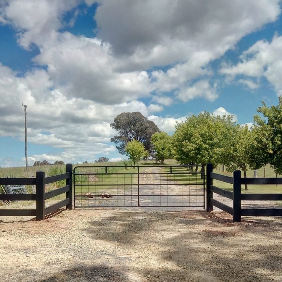 Photo of Saltram Rural 4 panel DIY timber post and rail fence and steel gate.